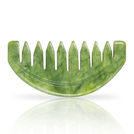 Peine de masaje Gua Sha para raspar de jade verde, 100% natural, auténtica piedra de jade, peine de masaje para cuero cabelludo y relajación de cuerpo completo (8 x 4 cm)