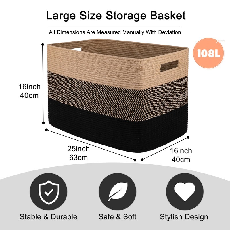 OIAHOMY 108L Super Large Blanket Basket, 25”x16”x16” Rectangle Woven Baskets