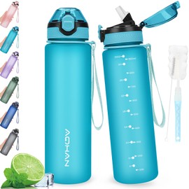 AOHAN Drinking Bottle 1 Litre with Leak-Proof Flip Lid, BPA-Free Sports Water Bottle with Straw, Water Bottle, Dishwasher Safe Water Bottle, Non-Toxic Water Jug with Carry Strap