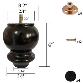 Hyever 4 Inch Wood Furniture Legs Black Sofa Legs Replacement Wooden Bun Feet with Hanger Bolts and T Nuts for Sofa Couch Chair Table Desk Bed Cabinet Set of 4