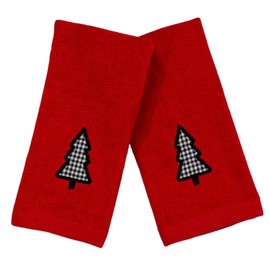 Decorative Christmas Theme Red Towel Set: Luxury Bathroom Fingertip Towels, Embroidered Check Tree Set of 2