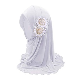 Kids Girls Lovely Muslim Hijab with Flowers Anti-UV Sun Protection Breathable One Piece Hijab Islamic Head Scarf Shawls Arabian Turban for 2-6 Years