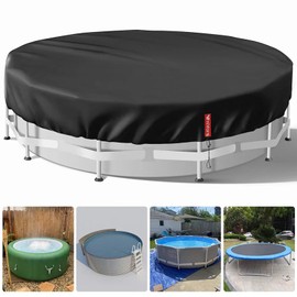 VniYors 12 Ft Round Pool Cover, Hot Tub Cover, Solar Pool Covers for Above Ground Pools, Heavy-Duty Waterproof Dustproof Pool Solar Cover with Drawstring and Ground Nails（Black）