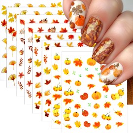 8 Sheets Autumn Maple Leaves Nail Stickers Glitter Pumpkin Nail Decals 3D Self-Adhesive Maple Leaf Nail Art Supplies Fall Ginkgo Leaf Stickers for Nails Thanksgiving Day Women DIY Manicure Decoration