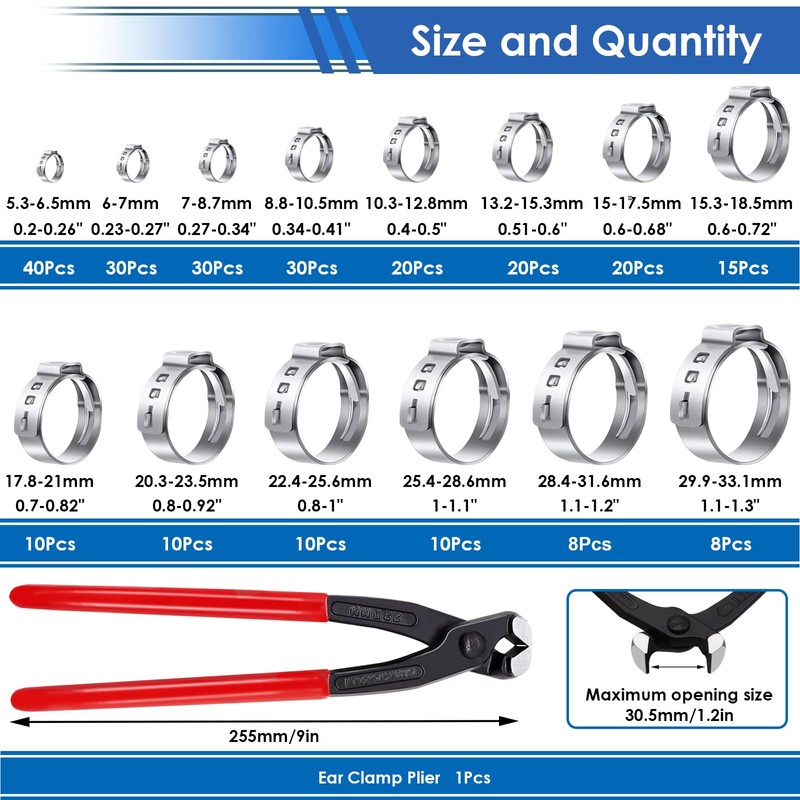 350Pcs 5.3-51mm Single Ear Hose Clamps with Worm Gear Hose