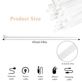 KISUOMAOYI Cable Ties Black, 50 Pack Reusable Cable tie, Heavy Duty Cable Tie 18 inch Long, 450mm x 4.8mm with UV Resistant Nylon Plastic Self-Locking Zip Ties for Home Workshop Garden Office (White)
