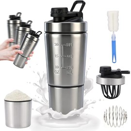Yakiter 600ML Botella para Proteina de Coctelera,Vaso Proteina Shaker de 304Acero Inoxidable,con Almacenamiento de Proteina Desmontable y Mezclador,Va