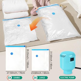 Morecoo Vacuum Seal Bags for Clothing, 6 Pack Vacuum Storage Bags (3 Jumbo/3 Large) with Electric Pump, Packing Cubes Compression Space Saver for Comforters, Blankets - Ideal for Travel