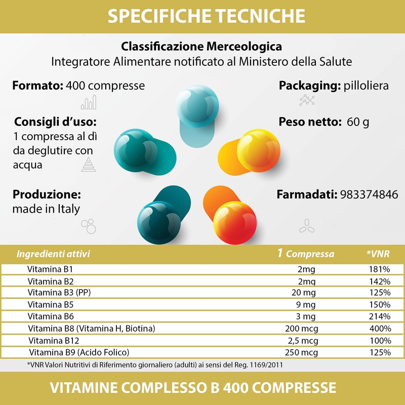 B-Komplex-Vitamine 400 Tabletten 1 pro Tag | Für Vegetarier geeignet
