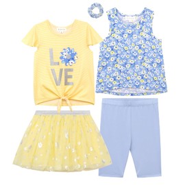 BTween Girls 4 Pack Floral Fashion Summer Clothes Set - Tutu Skirt Tank Top Short Sleeve and Biker Shorts