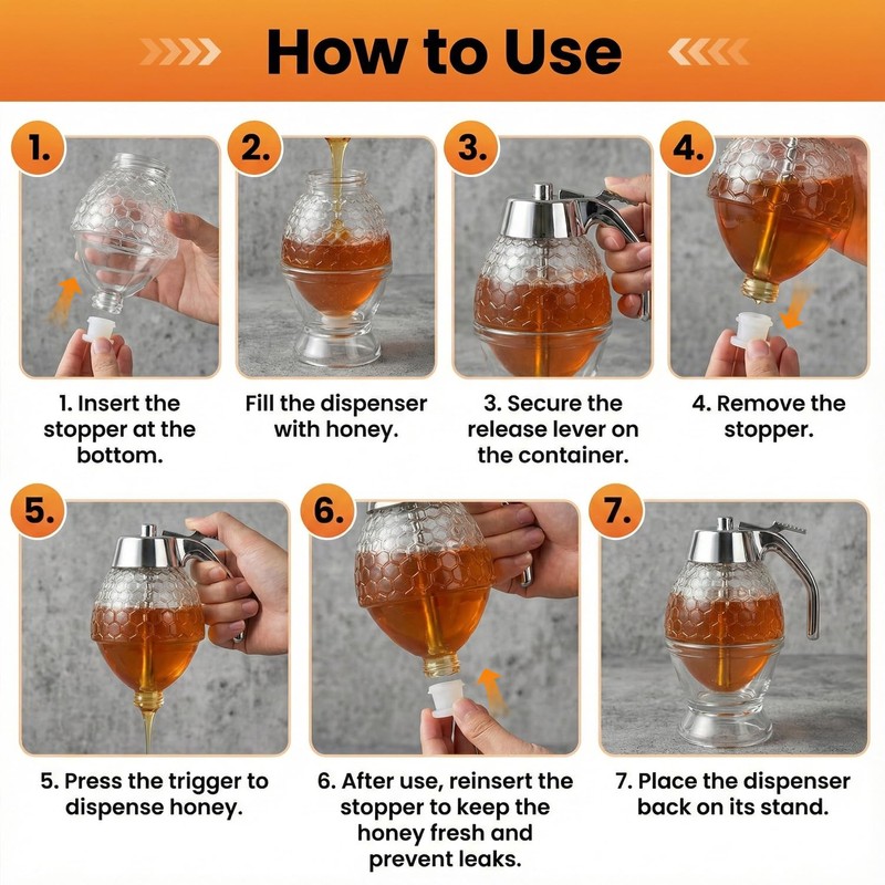 Shatterproof Honey Dispenser No Drip with Stand, Clear Syrup Dispenser