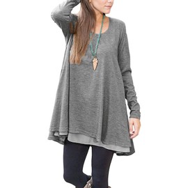 Poetsky Long Shirts for Women Fall Long Sleeve Crew Neck Layered Chiffon Hem Tunic Tops(Grey M)
