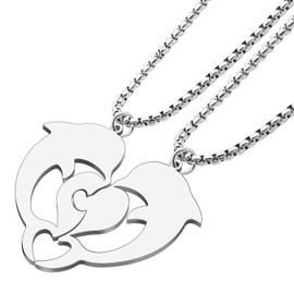 SHIGIE Valentine's Day Cute Sea Dolphins Necklace Stainless Steel Pendant Love Heart Ocean Animals Holiday Gifts For Women Couple (Silver Plated)