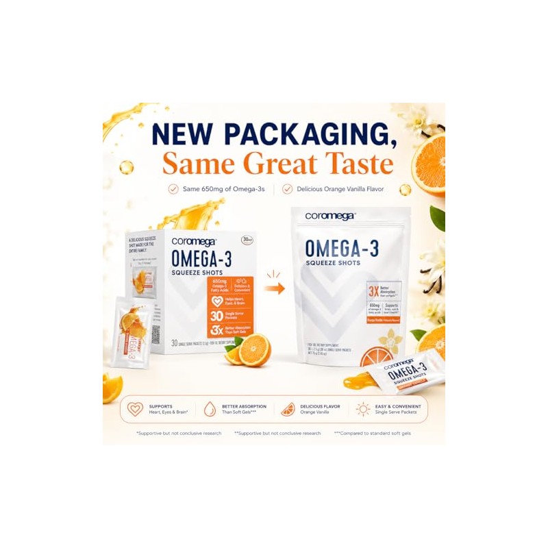 Coromega Omega-3 Supplement, Orange Flavor, Squeeze Packets, 30-Count Box