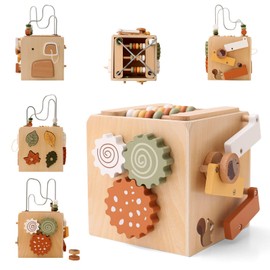 WOODEN TEETHER Montessori Motor Skills Cube Wooden Toy Montessori Toy from 1 Year 6 in 1 (Natural Wood Colour Activity Cube)