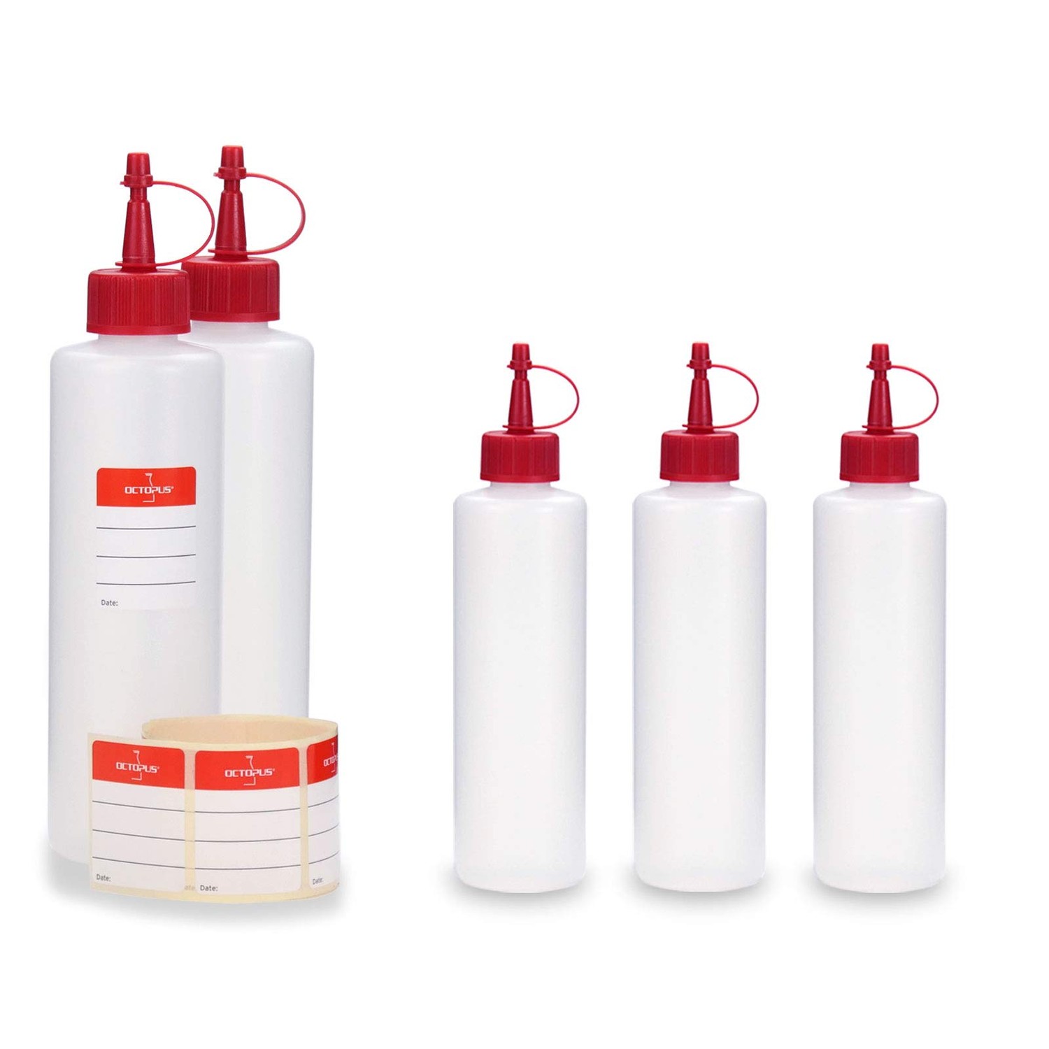 Octopus 5 x 250 ml HDPE Plastic Bottles with Red Splash Caps / Drip ...
