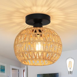 AyshwillDec 8.7 inch Mini Rattan Lights Fixtures Ceiling Boho Light Fixtures Wicker Ceiling Lights Hand Woven Ceilings Light Fixtures Flush Mount Ceilings with Woven Shade for Hallway Bedroom