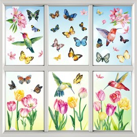 Konsait 9 Sheets Spring Flower Window Clings, Large Removable Butterfly Hummingbird Tulip Spring Window Clings, Spring Window Decals for Home Office Decorations