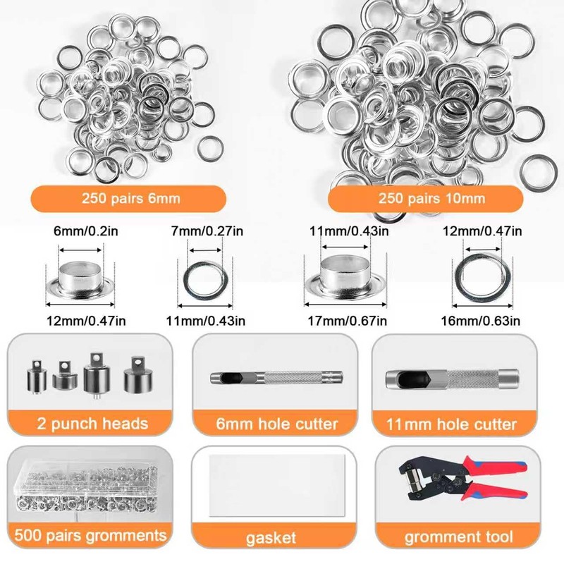 2-Size Grommet Tool Kit, 1/4" 3/8" Hole Punch with 500