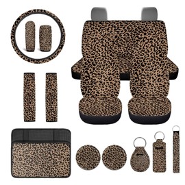 Yspwyqan 15 Pcs Car Seat Cover Full Set Brown Leopard Print Auto Interior Accessories with Steering Wheel Cover,Armrest Cushion,Seat Belt Covers,Keychain,Cup Holder Gift for Friends