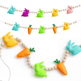 Zealor 2 PCS 8.5FT Easter Wooden Garland Easter Banner 3D Stuffed Felt Bunny Garland Wood Bead Carrot Hanging Banner with String Spring Decor for Mantle Fireplace Home Tree Birthday Baby Shower Office