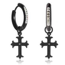 slewtbbm Stainless Steel Gothic Punk Dangle Cross 5A+ Cubic Zirconia Hypoallergenic Cross Hoop Cuff Huggie Drop Earrings For Men Women (Black)