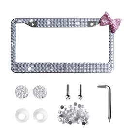 Bow Bling Ladies License Plate Frame, 1 Pcs Stainless Steel Rhinestone License Plate Protector (Silver + Pink Bow)