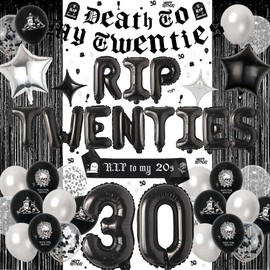 Rip 20s Birthday Decorations - Death to My 20s Decorations Set Includes Banner Tinsel Curtains Sash Confetti Latex Letters Star Number Balloons for Men Women Goth Themed 30th Birthday Party Supplies