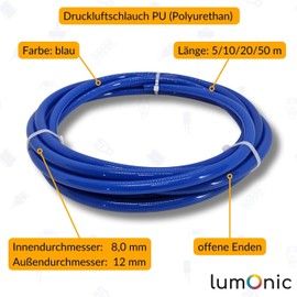 Lumonic I 5 m Compressed Air Hose PU I 8/12 mm I Flexible, Abrasion Resistant I Mechanical Engineering, Pneumatic Systems, Workshop I PU Hose Polyurethane