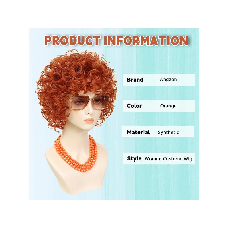 Women Short Curly Orange Red Wig Set Sunglasses for 70s