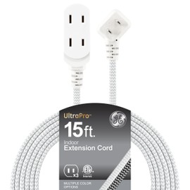 GE Indoor Flat Plug 15 Ft, 3-Outlet Braided Extension Cord with Safety Slide, Right Angled Plug White/Gray Power Cord ETL Listed 81589