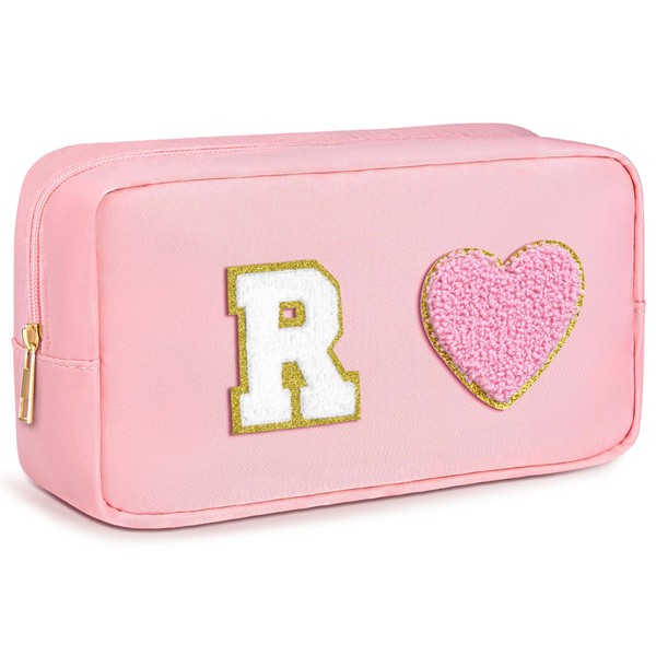 Gifts for Teenage Girls, A-Z Initial Preppy Makeup Bag Chenille Letters Cosmetic Bag Large Toiletry Makeup Pouch Waterproof Nylon Travel Organizer Personalized Birthday Graduation Gifts, Letter R