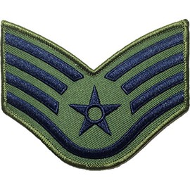 Ranger Return Staff Sergeant OD (Olive Drab) and Blue Large US Air Force USAF Chevron Rank Military Army Airman Morale Applique Embroidered Sew Iron on Emblem Badge Patch (Airman-Staff-OD)