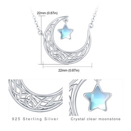 TUGHRA Moon Star Necklace S925 Sterling Silver Crescent Moon and Star Pendant Necklaces Moonstone Necklaces Celtic Crescent Moon Jewelry Gifts for Her Women Teen Daughter