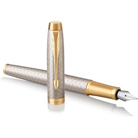 Parker Pen IM Premium Metal Fountain Pen - Warm Silver Champagne with Diamond Pattern - Gold Trim - Fine Nib - Black Ink - Gift Boxed