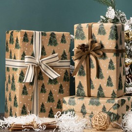 Ribbli Christmas Wrapping Paper Jumbo Roll Vintage Christmas Tree Kraft Gift Wrapping Paper Rolls 30 Inch x 33 Feet Per Roll for Christmas Holiday