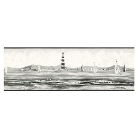 Concord Wallcoverings Prepasted Nautical Style Wallpaper Border Featuring Lighthouse & Boats, Black and White, Size 7 Inches by 15 Feet KC063203B