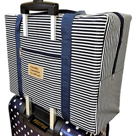 Positive Folding Travel Bag, Carry-On Compatible, Can Be Passed Through Suitcase Handles, Palm-Sized Boston Bag, Travel Bag Included, 06. Stripes (Navy)