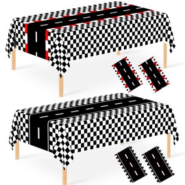 4 PCS Mixed Racing Car Plastic Tablecloth Cars Birthday Theme Disposable Party Tablecloths Black Race Road Checkered Party Table Covers for Birthday, Baby Shower, Indoor Outdoor Party 54 x 108 Inch