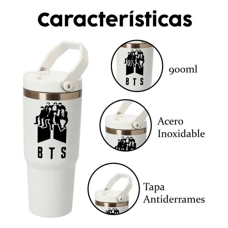 Termo Alto Acero Inoxidable Integrantes Bts Kpop 900 Ml Logo