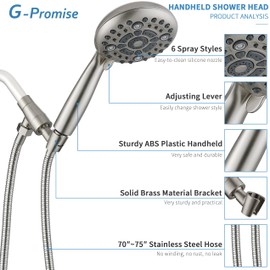 G-Promise Handheld Shower Head High Pressure 6 Spray Settings, Detachable Hand Held Showerhead 4.9 Inch Face with Extra Long Flexible Hose and Metal Adjustable Bracket