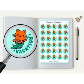 VisualCraftsDepot Paper Stickers for Planner. Vacation stickers. Kitty Mermaid.