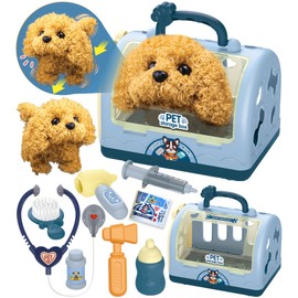 TEUVO Pet Care Playset Robot Toy Dogs for Kids Vet Toys Pretend Treating Kit with Electric Interactive Dog Plush Carring Case Role Play Stuffed Puppy Toys Gifts for Girls Boy 3 4 5 6 7 Years Old Blue