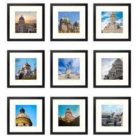 Frametory, 12x12 Picture Frame with 8x8 Mat, Gallery Photo Glass Square for Wall Decor - Wide Molding Built in Hanging Features (Black, 9 Pack)