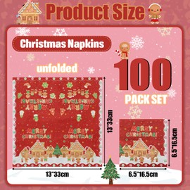 100Pcs Christmas Gingerbread Napkins, 13 x 13inch Snowflakes Xmas Luncheon Paper Napkin Red Santa Party Napkins for New Year Winter Holiday Christmas Party Supplies