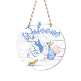Baby Welcome Sign, Gender Reveal Wooden Hanging Hello World Wreath Newborn Name Birth Announcement Board Nursery Decor for Hospital Baby Shower Porch Party Front Door Decoration(Boy, Blue)