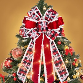 ABTOLS Large LED Christmas Wreath Bows, LED Light Christmas Bows for Wreath Red Velvet Wreath Bows Christmas Snowflake Bows for Front Door Red Black Buffalo Plaid Bows for Indoor Outdoor Decor