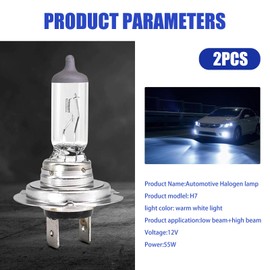 dawfall Pack-2 Car H7 Halogen Bulbs, 55W 12V Quartz Lamp, Super Bright Beam Low/High Beam Fog Light Replacement, All-in-one Plug and Play Bulb, Universal Lighting Accessories for Cars (White Light)