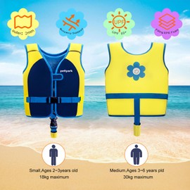Petiyark Children's Life Jacket 1-3 Years, Neoprene Life Jacket for Children with Adjustable Buckles and Seat Belts, Ideal Swimming Aid for Boys and Girls, Baby Armbands, Blue/S/15-18 kg