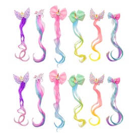 12 Pcs Hair Clips for Girls, 14in Rainbow Hair Extensions for Kids, Colored Little Girl Hair Clips Accessories, Unicorn Hair Clips for Girls Toddler Kids Ponytails(Curly Hair)